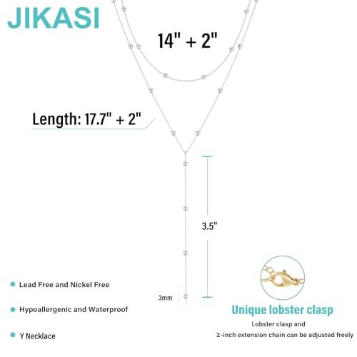 Lariat Gold Necklaces for Women Trendy Dainty Long Necklace 14k Gold Plated/Silver Layered Drop Beaded Chain Necklaces Y-shaped Pendant Necklace Simple Gold Jewelry Gifts - color: Beaded-Silver