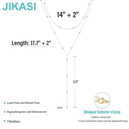 Lariat Gold Necklaces for Women Trendy Dainty Long Necklace 14k Gold Plated/Silver Layered Drop Beaded Chain Necklaces Y-shaped Pendant Necklace Simple Gold Jewelry Gifts - color: Beaded-Silver