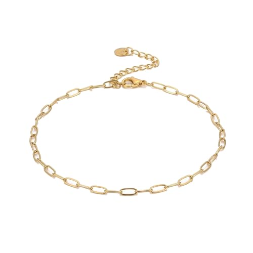 NONAMOIS Ankle Bracelets for Women Dainty 18K Gold Plated Anklet Waterproof Round Beaded Paperclip Herringbone Pearl Chain Anklets Waterproof Beach Foot Jewelry - color: Paperclip-Gold