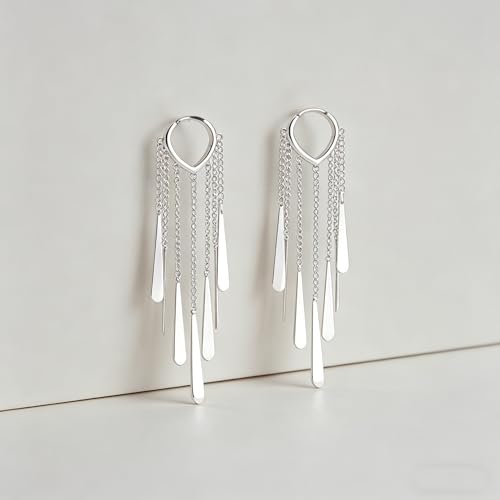Silver Long Tassel Dangle Earrings for Women, Statement Silver Drop Hoop Earrings, Shiny Silver Dangle Earrings for Daily Wear, Parties & Special Occasions