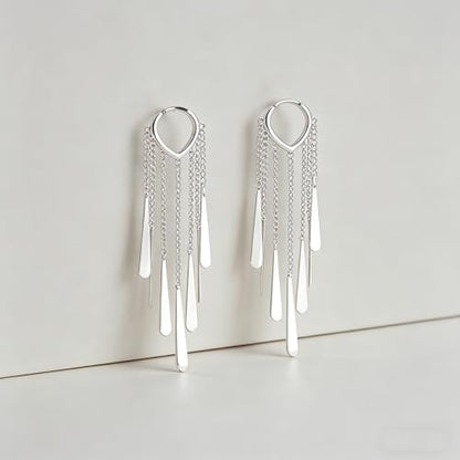 Silver Long Tassel Dangle Earrings for Women, Statement Silver Drop Hoop Earrings, Shiny Silver Dangle Earrings for Daily Wear, Parties & Special Occasions