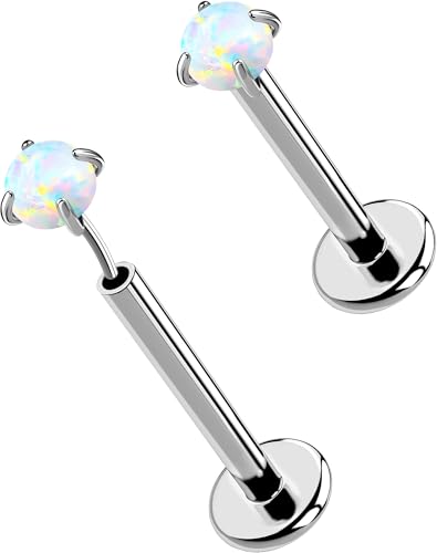OUFER 2PCS 16G/20G Nose Lip Studs, G23 Solid Titanium Threadless Push in Nose Nostril Lip Labret Medusa Monroe Helix Cartilage Tragus Conch Lobe Piercing Jewelry for Women Men - color: Silver bar, Claw Opal, size: 2pcs, 16g 10mm, 1.5mm Opal
