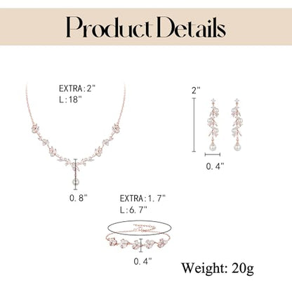 EleQueen Women's Simulated Pearl Wedding Jewelry Set for Brides | Cubic Zirconia Necklace Earrings Bracelet Set for Brides Bridesmaids, Bridal Jewelry Set for Anniversary/Memorial Day - style: Pearl Necklace Earrings Bracelet Rose Gold-Tone