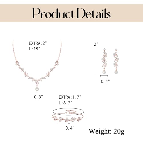 EleQueen Women's Simulated Pearl Wedding Jewelry Set for Brides | Cubic Zirconia Necklace Earrings Bracelet Set for Brides Bridesmaids, Bridal Jewelry Set for Anniversary/Memorial Day - style: Pearl Necklace Earrings Bracelet Rose Gold-Tone