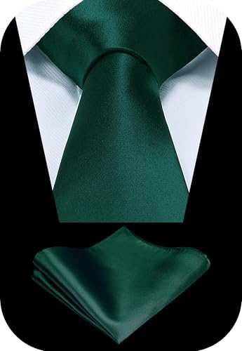 TIE G Solid Satin Woven dyed Color Formal Black Necktie and Pocket Square Sets in Gift Box - color: Hunter Green