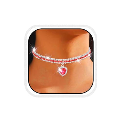 CLOACE Rhinestone Choker Necklace Heart Pendant Diamond Row Necklaces Sparkly Crystal Prom Chain Jewerly Accessories for Women - color: Red