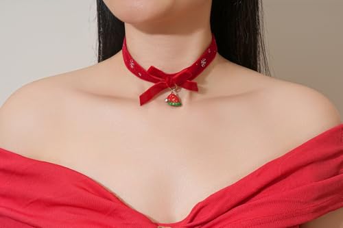 FOSIR Velvet Choker for Slender Neck, 14k Gold Plated Sainless Steel Heart/Snowman/Deer/Hat/Tree/Bell/Pendant Collar Necklace for Women, Adjustable Soft Skin-Friendly Velvet Jewelry Gifts - color: Red Choker- Hat