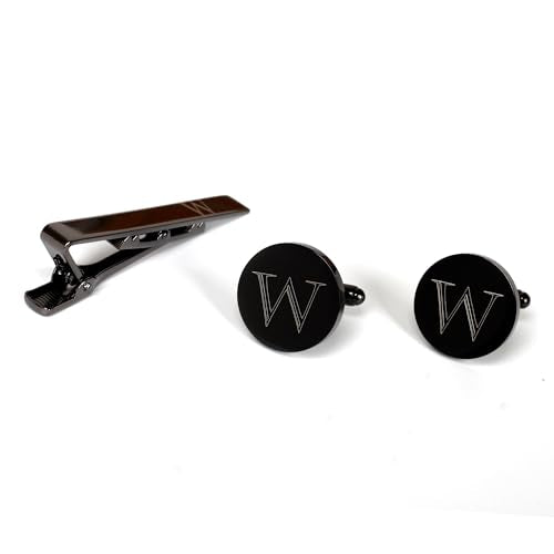 Mens Initial Cufflinks and Tie Clip A-Z Alphabet Letter Black Stainless Cuff Links Tie Bar with Engraved Walnut Wood Box Groom Groomsman Wedding Set - style: Classic-W