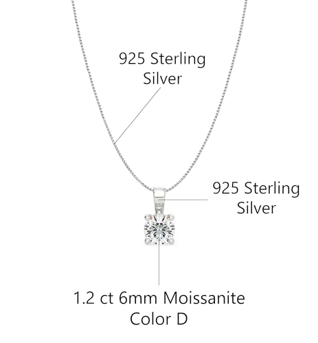 Savlano 925 Sterling Silver Moissanite Pendant Necklace, 6MM,8MM Round, Princess & Heart Cut 0.8–2CT D Color, with 18" Box Chain for Women – Comes with A GRA Certificate – Made in Italy - style: 0.8ct 6mm Round Cut