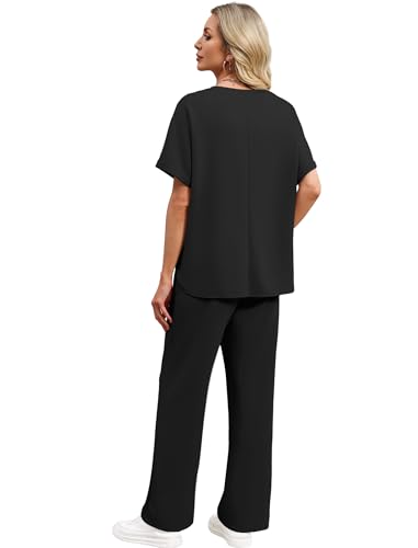 Sampeel Lounge Sets for Women V Neck Turn-UP Sleeves Tops Wide Leg Pants 2 Piece Sets Oversized Summer Vacation Outfits 2026 - color: Black, size: Small