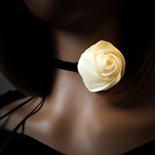 Black Choker Camellia Flower Lace-up Necklace For Women - color: Beige rose