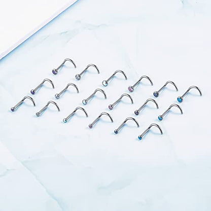 BelezaDosas 6pcs G23 Titanium Nose Studs 18G 20G Screw Nose Ring Press Fit 2mm 2.5mm 3mm Piercing Jewelry for Sensitive Skin - style: 18G 2.0mm CZ 6pcs