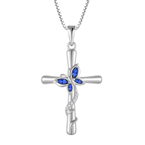 Cross Necklace for Women 925 Sterling Silver Butterfly Necklace Birthstone Pendant Created Gemstone Jewelry Gifts for Women - color: 09 September - Sapphire