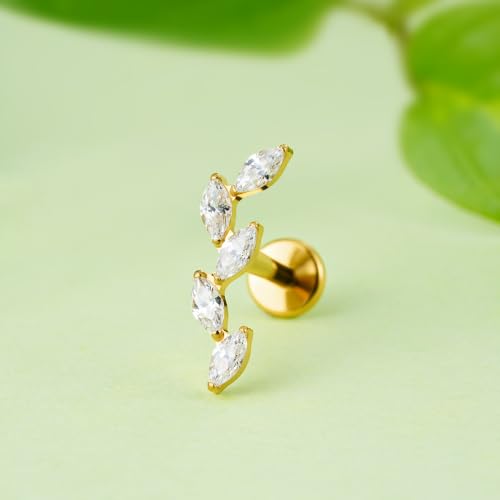 FINE4U 16G CZ Cluster Climber Cartilage Earring for Helix, Tragus - ASTM F136 Titanium Triple Marquise Labret Stud, Screw on Nickel Free Flat Back Jewelry - color: Five Marquise - Clear CZ - Gold
