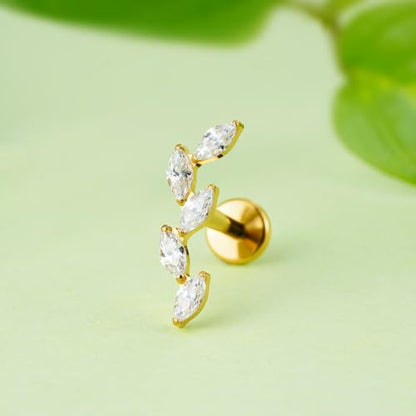 FINE4U 16G CZ Cluster Climber Cartilage Earring for Helix, Tragus - ASTM F136 Titanium Triple Marquise Labret Stud, Screw on Nickel Free Flat Back Jewelry - color: Five Marquise - Clear CZ - Gold