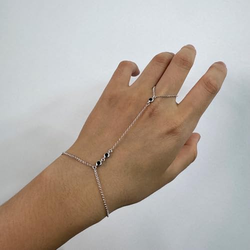 Kakikaki 925 Sterling Silver Finger Ring Bracelet Hand Chain for Women | Slave Bracelets 7" to 9" Adjustable - color: Silver, style: 3 Black