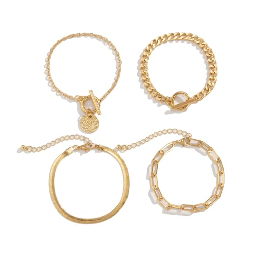 Alegend Bracelets Sets 14K Gold Plated Stackable Various Style Paperclip Chains to Toggle Clasp with Coin Charm Trendy