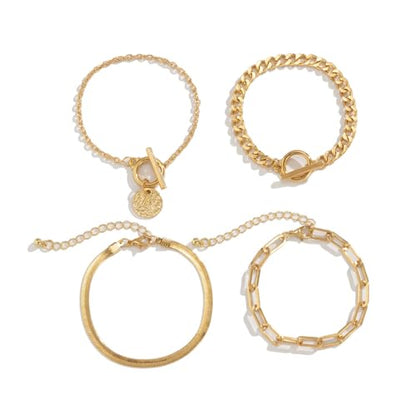 Alegend Bracelets Sets 14K Gold Plated Stackable Various Style Paperclip Chains to Toggle Clasp with Coin Charm Trendy