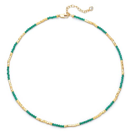 MTMY Beaded Gemstone Choker Necklace for Women | 14K Gold Plated, Colorful Natural Stone, Bead Chain, Boho Summer Beach, Handmade Jewelry - color: Green Agate