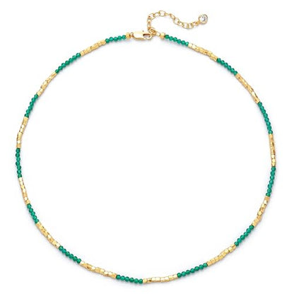 MTMY Beaded Gemstone Choker Necklace for Women | 14K Gold Plated, Colorful Natural Stone, Bead Chain, Boho Summer Beach, Handmade Jewelry - color: Green Agate