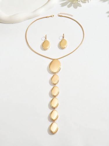 Statement Necklace and Earrings Set – 2PCS Gold Silver Chunky Geometric Pendant Jewelry with Snake Chain, Asymmetrical Ellipse Y-Necklace Metallic Fashion Jewelry for Women - color: A:Gold