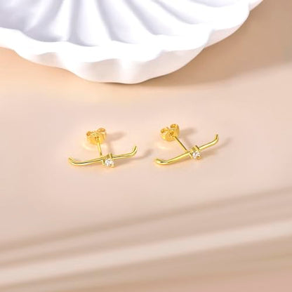 CZ Suspender Cuff Stud Earrings Wrap Earlobe Silver Post Cubic Zirconia Minimalist Jewelry for Women - color: Gold Single CZ