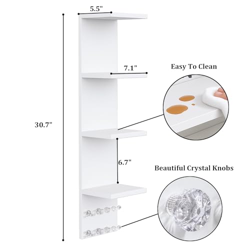 LitaEther 4 Tier White Lack Shelf Vanity Wall Shelf with 10 Crystal Hooks - Multi-Functional Storage for Makeup, Jewelry, Plants, Awards & Display (L7.1 x W5.5 x H30.7) (1)