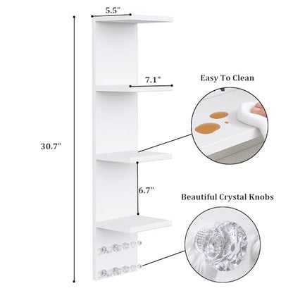 LitaEther 4 Tier White Lack Shelf Vanity Wall Shelf with 10 Crystal Hooks - Multi-Functional Storage for Makeup, Jewelry, Plants, Awards & Display (L7.1 x W5.5 x H30.7) (1)