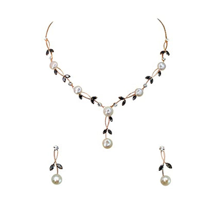 Faship Genuine Freshwater Pearls Floral Necklace Earrings Set | Premium CZ Crystal, Gorgeous, Sparkling - color: Black / Rose Gold Plated
