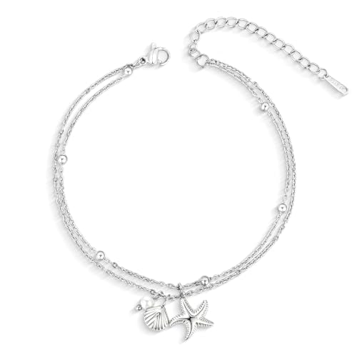 Gold Ankle Bracelets for Women, Waterproof Anklets Dainty Beach Anklet Adjustable Link Chain Cute Stainless Steel Anklets Summer Beach Shell Starfish Pearl Foot Jewelry Non Tarnish Lightweight - color: Anklet-Silver