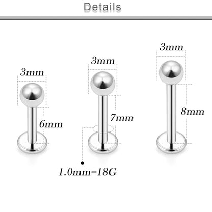 18G 16G 14G Lip Labret Medusa Nose Rings Studs Flat Back Earrings Internally Threaded 316L Surgical Steel Snake Bites Lip Rings Cartilage Tragus Helix Conch Earring Stud 6mm 7mm 8mm - color: Silver-18G（1.0mm)-6mm 7mm 8mm Bars-3mm CZ