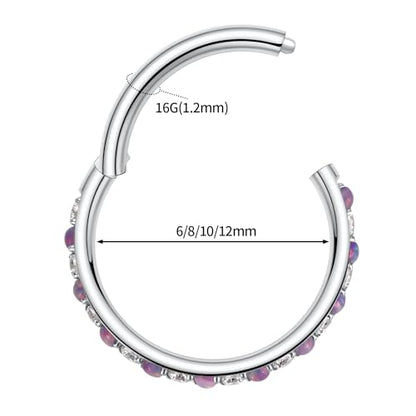 GAGABODY Surgical Steel Hypoallergenic Nose Ring Earring CZ Hoop for Unisex | Hinged Seamless Clasp,Used in Nostril,Septum,Lip,Eyebrow,Nipple and All Ear Piercings.22G to 12G,Inner Diameter 5mm to 14mm - color: Silver+Clear CZ & Purple Opal, size: 16G-12m