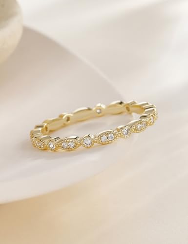EAMTI 925 Sterling Silver Wedding Band for Women Cubic Zirconia Marquise & Round Milgrain Full Eternity Stackable Ring Size 3-13 - color: Brass-Gold