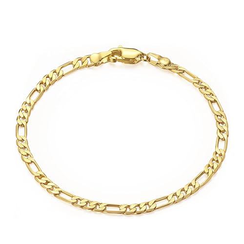 14K Gold Filled Figaro Bracelet for Women Men, 3mm/5mm Italian Figaro Link Chain Bracelets, 6.5-8.5 Inch, Hypoallergenic, Non Tarnish, Dainty Unisex Jewelry, Pulsera de Oro 14K para Mujer