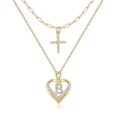 14K Gold Plated Layering Necklaces,Heart Initial Layered Necklace Cross Pendant Necklace Charm Personalized Stackable Jewelry Gift for Her - style: B