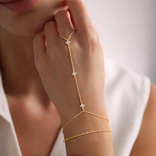 Mothers Day Gifts 14K Gold Plated Hand Chain Bracelet for Women, Stackable Gold/Silver Finger Ring Bracelet Hand Chain Dainty Non Tarnish Waterproof CZ Satellite Bead Link Adjustable Jewelry - color: Gold-Style 4