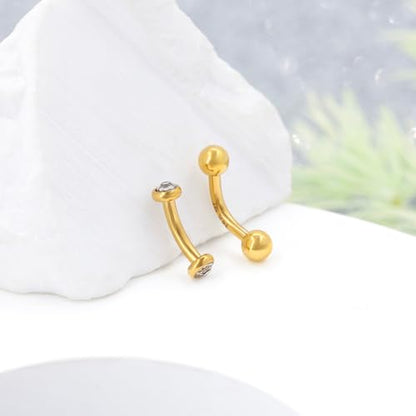2 Pcs 14k Gold Filled Eyebrow Rings, 16G Threaded Rook Piercing Jewelry, Surgical Steel Vertical Lip Labret Belly Tongue Ring Daith Earring Curved Barbells - color: 6mm-2pcs Inlaid CZ