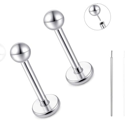 limerencia Titanium Threadless Flat Back Earrings Stud Piercing Jewelry | 20G Press Fit Titanium Push Pop in Cartilage Tragus Labret Lip Medusa Conch Piercing Jewelry Hypoallergenic for Women Men - style: 3MM Ball Silver
