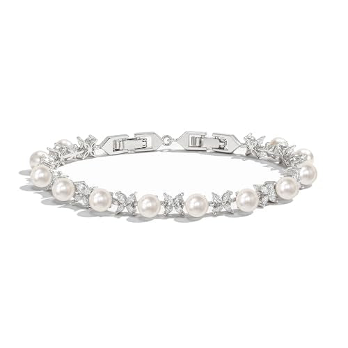 EVER FAITH Cubic Zirconia Pearl Bridal Prom Tennis Bracelet for Women | Elegant Pear CZ Wedding Jewelry Gift, for Bride Bridesmaid - style: Marquise_Silver-Plated-Brass