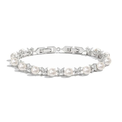 EVER FAITH Cubic Zirconia Pearl Bridal Prom Tennis Bracelet for Women | Elegant Pear CZ Wedding Jewelry Gift, for Bride Bridesmaid - style: Marquise_Silver-Plated-Brass