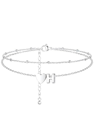 Ankle Bracelets for Women Waterproof Silver Initial Anklet for Women Dainty Layered Letter H Heart Ankle Bracelets Handmade Adjustable Foot Chain Stainless Steel Anklet Summer Beach Jewelry