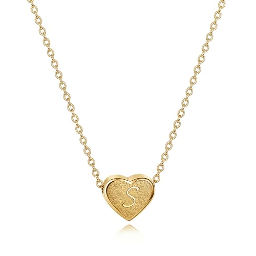 18k Gold Plated Heart Pendant Letter Necklaces for Girls Stainless Steel Initial Necklace for Women Birthday Gifts for Girls Women - color: Brushed Gold, style: Letter S
