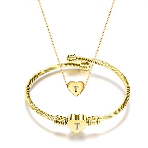 MYNENEY Necklace and Bracelet for Women Stainless Steel Initial Jewelry Set - color: Gold-T