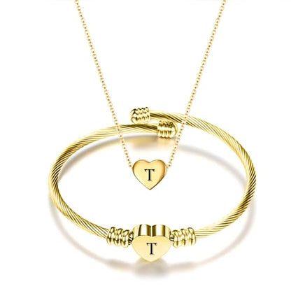 MYNENEY Necklace and Bracelet for Women Stainless Steel Initial Jewelry Set - color: Gold-T