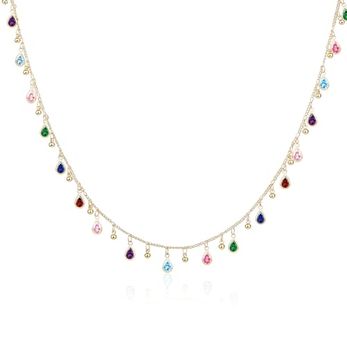 imani Colorful Choker Necklace for Women, Dainty Gold Plated Teardrop CZ Crystal Choker Necklace, Colourful Rhinestone Layering Chain for Bridal Prom Wedding Jewelry