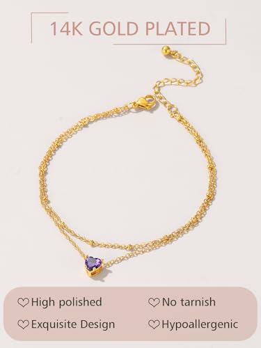 FindChic Bling Heart Birthstone Anklets Layered Beaded Ankle Bracelets for Women Gold/Black/Silver 12 Month Gem Colors Foot Chain Summer Jewelry for Girls, with Gift Box - color: Gold, style: 02. Feb.-Created Amethyst(Prong Setting)