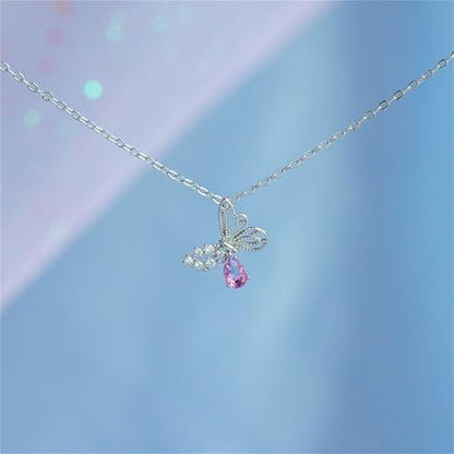 925 Sterling Silver Necklace for Women Trendy, Charming Layered Necklace with Cubic Zirconia Pendant for Her Womens Dainty Diamond Choker Necklaces Holiday Jewelry Gifts for Mom Wife Daughter Lover - color: Butterfly-silver07