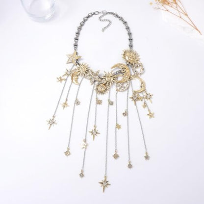 Vintage Exaggerated Alloy Zirconia Moon Star Multi-Pendant Tassel Necklace, Luxury High-End Style, Elegant Jewelry for Women