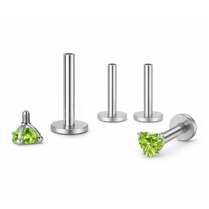 Titanium Heart CZ Labret Stud Earrings for Piercings by Ginger Lyne 6Pc Set G23 Screw Front Flat Back Body Jewelry 2 pair post 6mm, 8mm Cartilage, Helix, Tragus, Lip, Conch, Lobe - color: 3mm-PeridotGreen