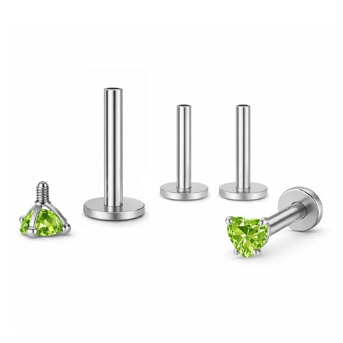 Titanium Heart CZ Labret Stud Earrings for Piercings by Ginger Lyne 6Pc Set G23 Screw Front Flat Back Body Jewelry 2 pair post 6mm, 8mm Cartilage, Helix, Tragus, Lip, Conch, Lobe - color: 3mm-PeridotGreen